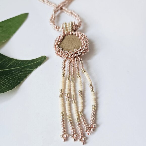 Rose Gold Fringe Beaded Indigenous Medallion Pendant Necklace | Handmade - Picture 8 of 10